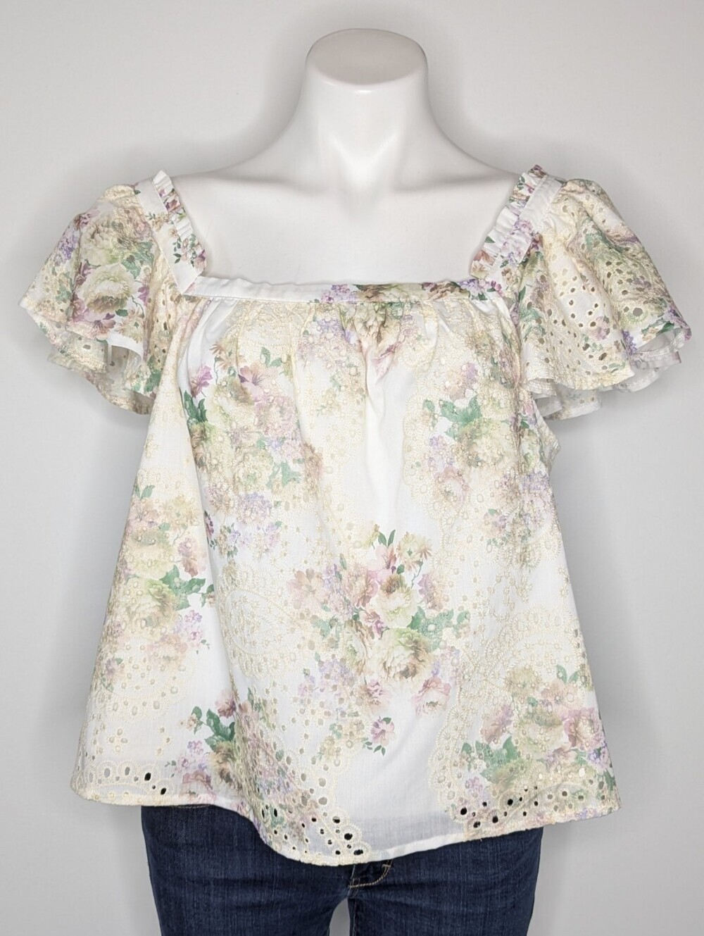 Solitaire White Cream People Eyelet Lace Floral Square Neck Blouse L